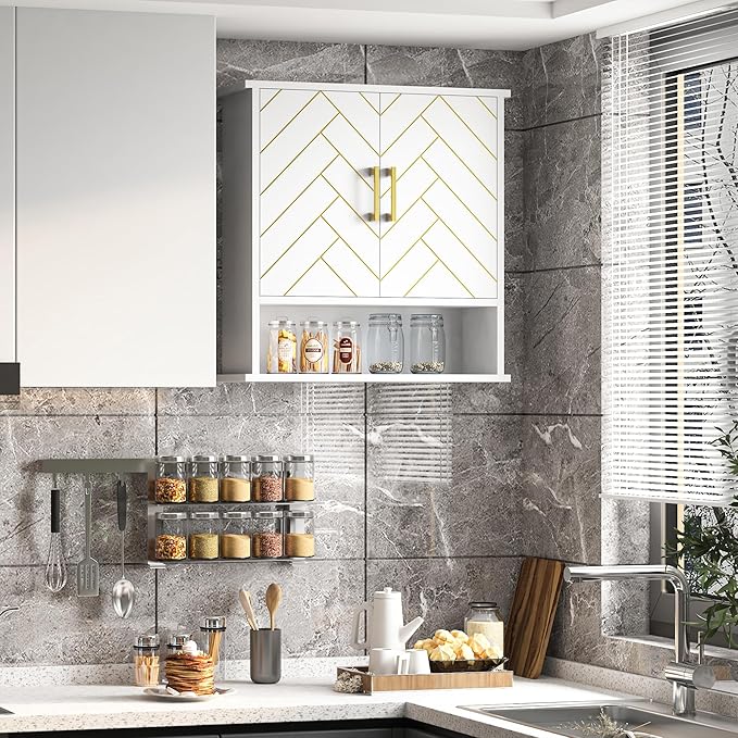 White Chevron Pattern Bathroom Wall Mount Cabinet, Stylish Hanging Medicine Cabinet with Open Shelf, Over The Toilet Storage for Bathroom Kitchen (23 5/8" x 22 7/8" x 7 1/8")