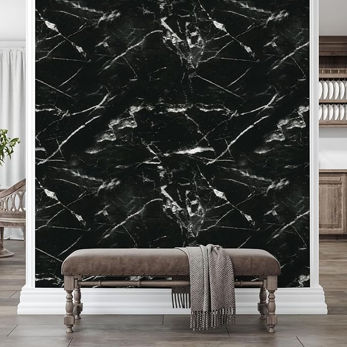 Dundee Deco Faux Marble Wall Panels - Sample - Glossy, Waterproof Indoor Wall Cladding - Black, White Veins - Sample 6" x 6"