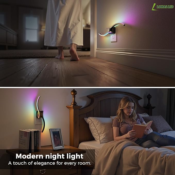 L LOHAS LED Night Light, 2 Pack Night Lights Plug into Wall, Modern Nightlight with Dusk to Dawn Sensor, 3000K & RBG Dimmable Wave Plug in Night Light, for Bedroom Bathroom Hallway