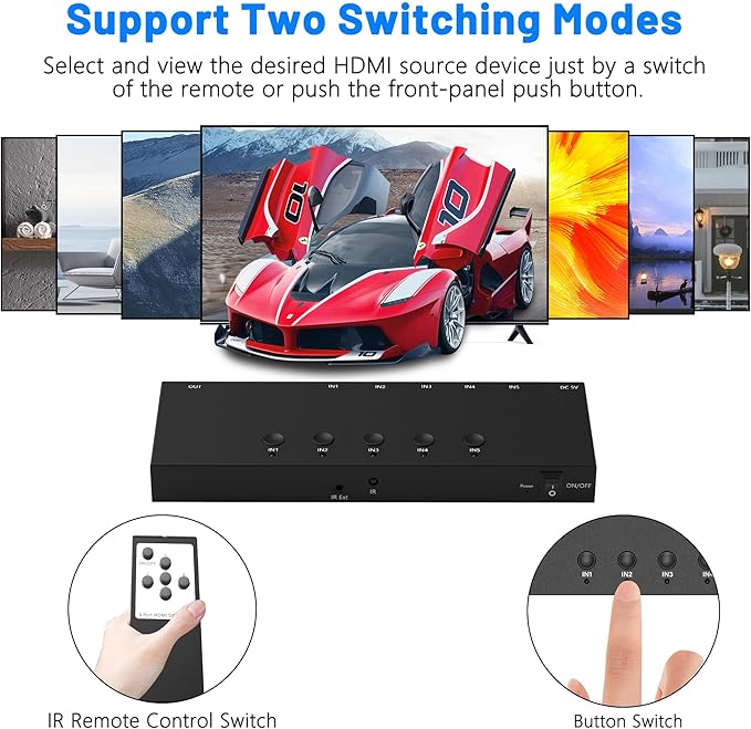 4K@60Hz 5 in 1 Out HDMI Switch, 5 Port HDMI Switcher Selector Support HDR10 & HDCP 2.2 & Full 3D with IR Remote Control and ON/Off Switch for Nintendo Switch,Xbox PS5/PS4,Fire Stick,Roku,Apple TV