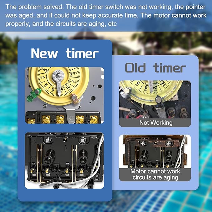 T101M Pool Timer Mechanism Only, Pool Pump Timer, 120V 2HP SPST 40A Time Switch, 24 Hour 12 ON/Off for Pool Pump, Heavy-Duty Mechanical Time Switches,Time Switch Mechanism Only, 5 Years Warranty