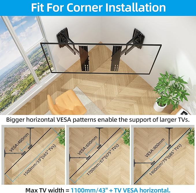 HOME VISION Heavy Duty Full Motion TV Wall Mount Bracket for 48-120 Inch Flat/Curved TVs, 200Lbs Capacity, Low Profile Ultra Slim Design with Swivel/Tilt, Corner Large Dual Arm, Max VESA 2000x600mm