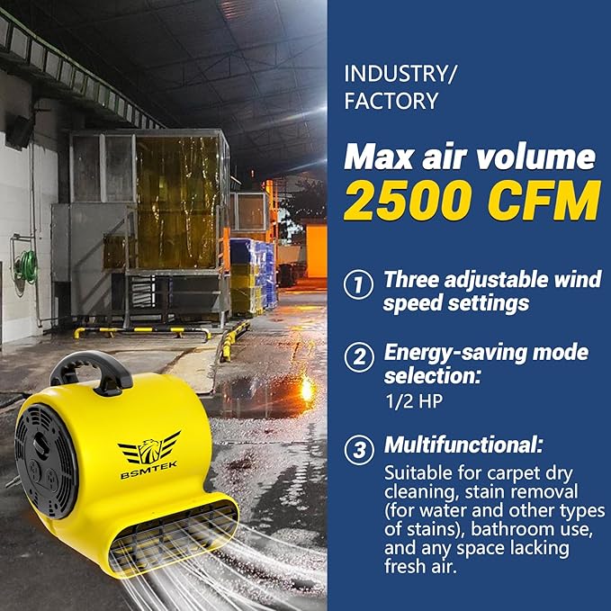 BSMTEK Air Mover Blower Fan, Industrial 1/2HP 2500CFM Monster Floor Blower Carpet Dryers - 3 Speeds, 4 Adjustable Angles, 15FT Long Cord, Stackable - 2026 Upgraded