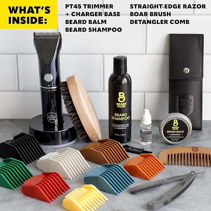 Beard Club Mens Grooming Kit & Beard Trimmer for Men - Professional Cordless Electric Hair & Moustache Trimmer, Straight Razor, Shampoo, Balm, Brush & Comb - Grooming Kit Gift Set