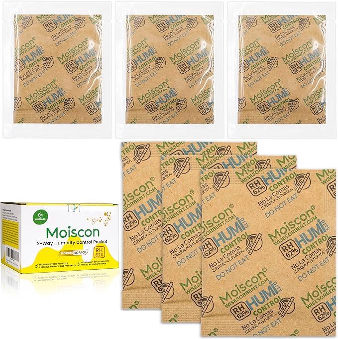 Wisesorb 45 Pack 62% RH 8 Gram Two-Way Humidity Control Packs for Storing 1 oz, Size 8 Moisture Control Packets Individually Wrapped