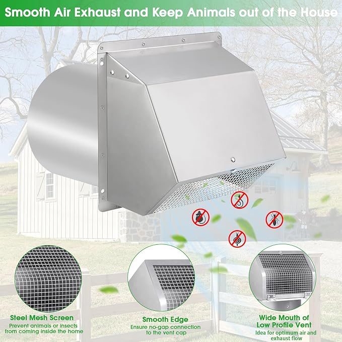 8 inch Wall Vent Ccover,Exhaust Vent Hooded Wall Vent with Screen and Damper,Outdoor Wall Exhaust Vent Cap Exterior Air Vent Cover for Kitchen Range Hood HVAC Duct Dryer Ventilation,Stainless Steel