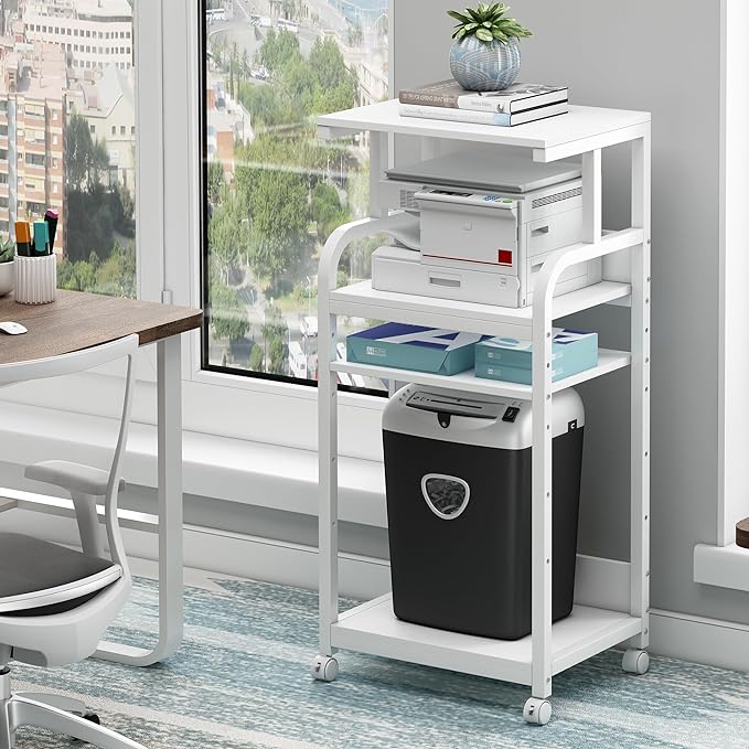 Fannova 4 Tier White Printer Stand Table with Adjustable Shelves, Movable Printer Shredder Stand with Wheels for Home Office Storage and Organization, Rolling Cart for Computer Tower CPU