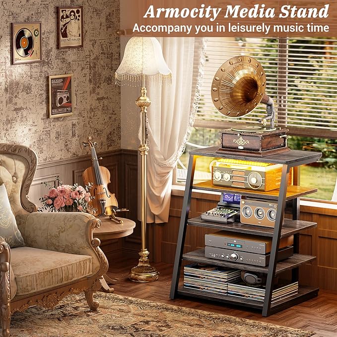 Armocity 5-Tier AV Media Stand with Power Strips, Media Console with LED Lights, Audio Tower Rack with Adjustable Shelves, Stereo Stands and Racks, 40.8'', Grey Oak