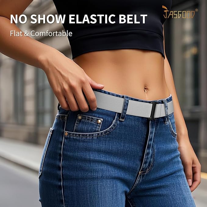 JASGOOD Women No Show Stretch Belt Elastic Web Strap Belt with Flat Buckle for Jeans Pants Dresses