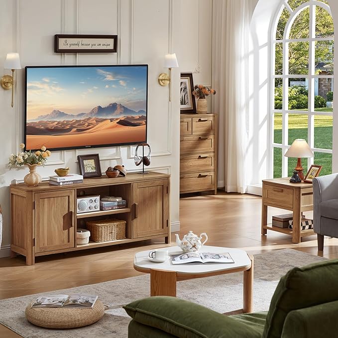 Joaxswe Farmhouse 55" Entertainment Center,Dark Wood Tv Stand with Adjustable Shelves & 2 Door Storage,Wooden Media Console Cabinet for TVs Up to 65 inches, Rustic Tv Stands for Living Room,Bedroom