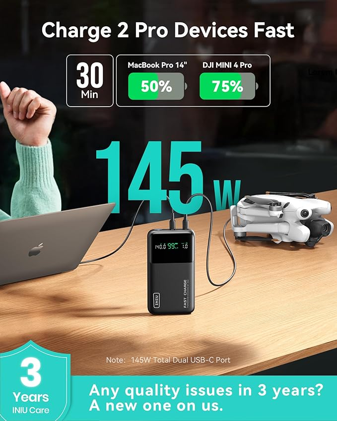 INIU 140W Power Bank, Compact 25000mAh High Capacity Laptop Portable Charger, USB C in&Out Tablet Powerbank, Smart Digital Display Phone Charger for iPhone 17 16, Samsung, iPad, MacBook, Laptop etc.