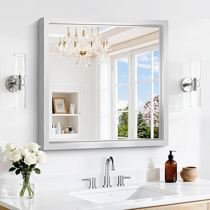 24 x 24 Silver Bathroom Mirror, Brushed Silver Square Mirror for Wall, 0.6" Thickened Deep Frame Mirrors for Bathroom Sink, Shatterproof Tempered Glass, Antirust, Horizontally or Vertically