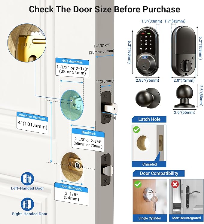 Veise RZ07C Smart Locks for Front Door, 2 Knob Handle Set, Fingerprint Keyless - Image 6