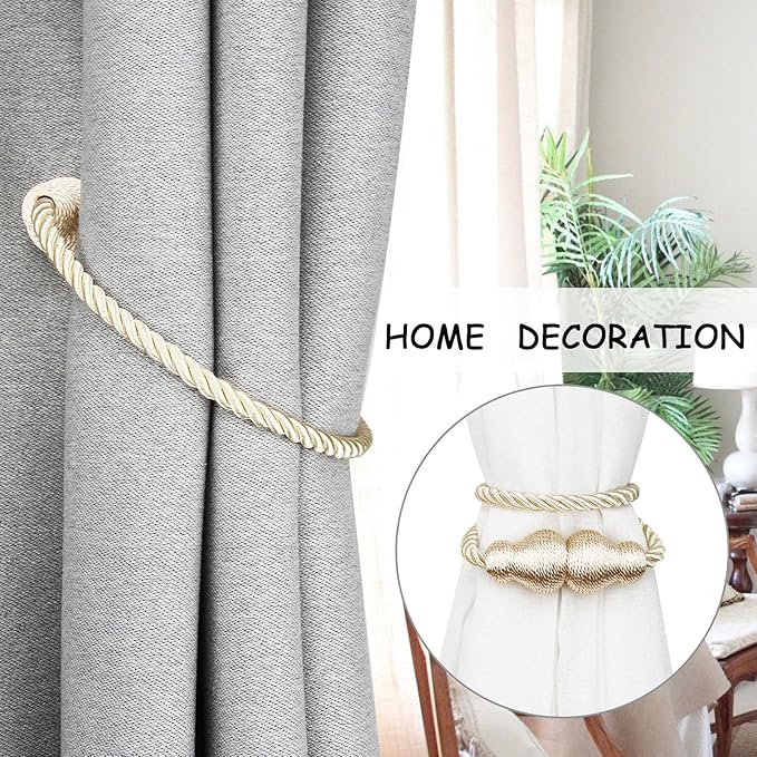 Nieffeiy Magnetic Curtain Tiebacks Outdoor Curtain Tie Backs Rope Decorative Magnetic Curtain Holders for Drapes Window Treatment Holdbacks, Oatmeal 4Pack