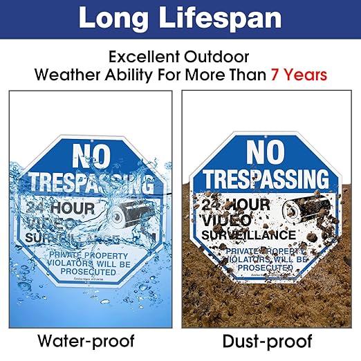 4-Pack No Trespassing Sign Private Property Protected By Video Surveillance Violators Will Be Prosecuted Sign, 12 x 12 Inch Reflective Aluminum, UV Protected, Weather/Fade Resistant, Easy to Install