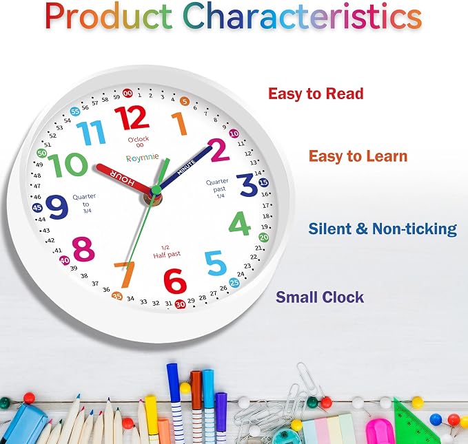 Roymnie Wall Clock for Kids Learning to Tell Time Non Ticking Battery Operated - Image 6