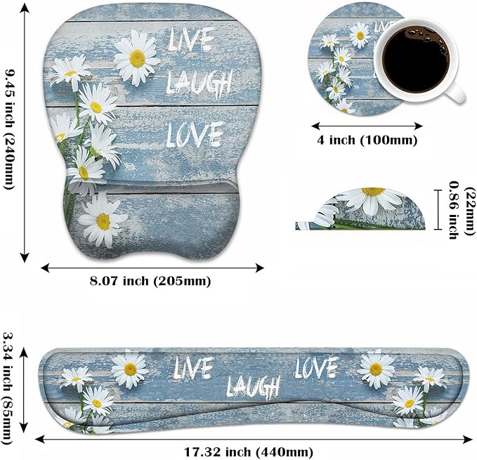 Mouse Pad Wrist Support and Keyboard Wrist Rest Set with Coasters, Dreamy Daisy Vintage Wood Board Live Love Laugh with Non-Slip PU Base Ergonomic Mousepad for Home Office Working Studying