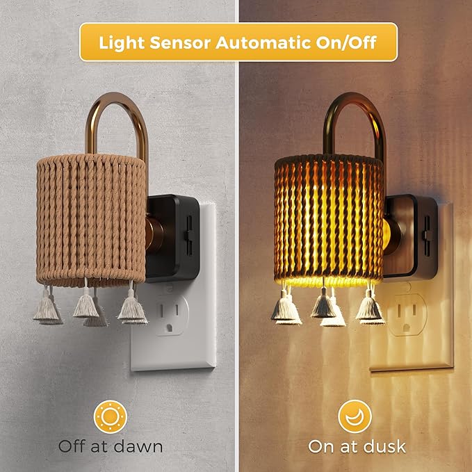L LOHAS LED Night Lights Plug into Wall, Boho Fabric Cylinder Decor Night Light with Tassel, Dusk to Dawn Sensor, 0-100LM Dimmable Night Lights, Vintage Nightlight for Bedroom, Living Room, Hallway