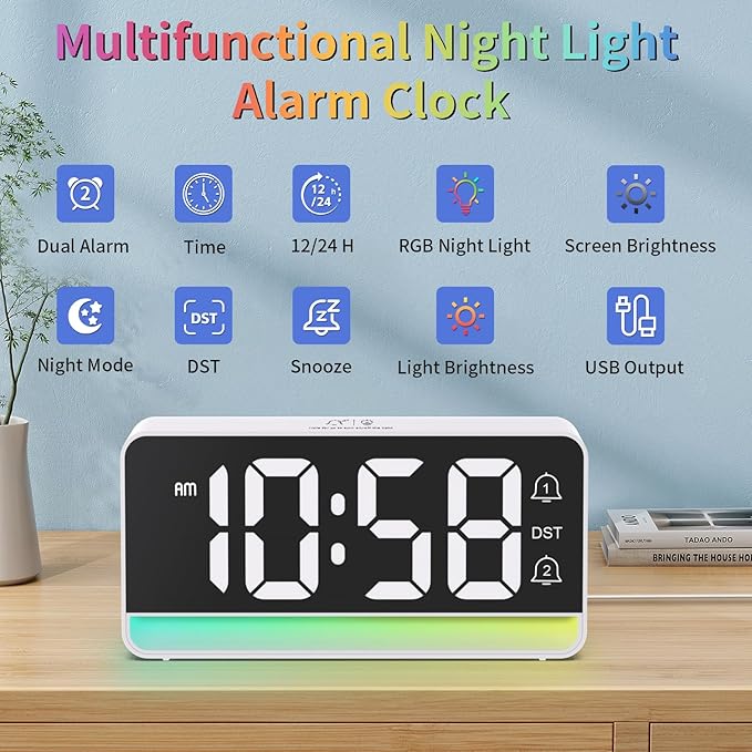 Alarm Clocks for Bedrooms, Digital Bedside Clock with RGB Night Light, Adjustable Volume for Heavy Sleepers, USB Charger, Large Display, Modern Decor for Desk, Dimmable Alarm Clock for Kids(White)