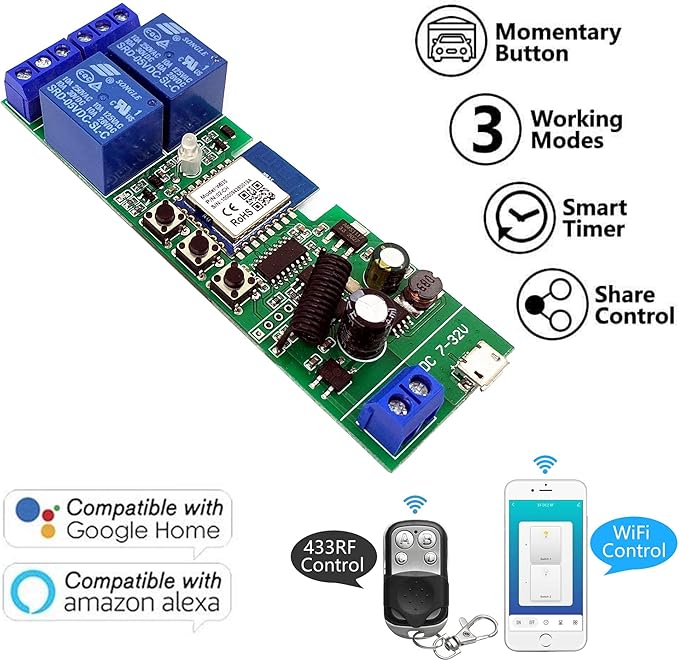 Newgoal 2 channelsWiFi Wireless Smart Switch Inching Self-locking Relay Module, be applied to access control Tuya SmartLife APP,DIY WIFI Garage Door Opener With 433 MHz RF remote control