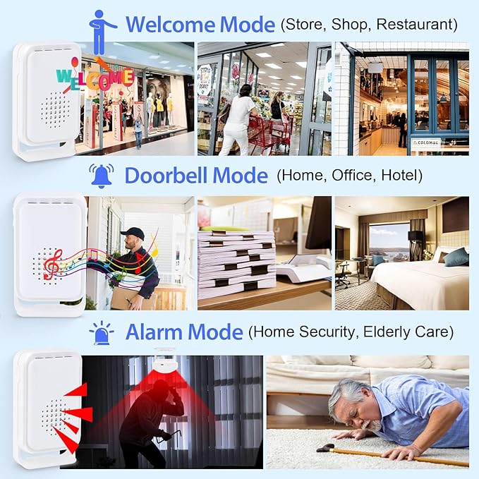 Motion Sensor Alarm Motion Detector Alarm Doorbell Indoor Alarms Business Door Entry Chime Multifunctional Door Alarms with LED Indicator & Vibration Wireless Detector (2 Sensor + 1 Receiver)