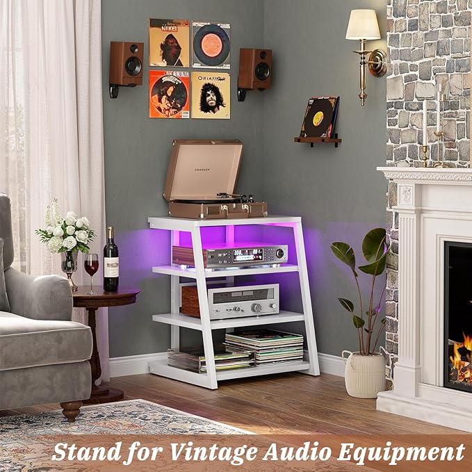 Armocity 4-Tier AV Media Stand with Power Strips, Stereo Stand with LED Lights, Audio Tower Rack with Adjustable Shelves, Small Entertainment Center, 30'', White