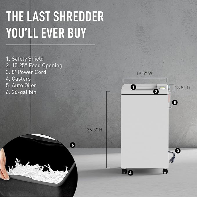 ideal. 2604 High Security Super Micro-Cut Centralized Office Paper Shredder with Automatic Oiler, Continuous Operation , 6–8 Sheet Feed Capacity, 26 Gallon Bin, 1 Horsepower Motor, P-7 Security Level