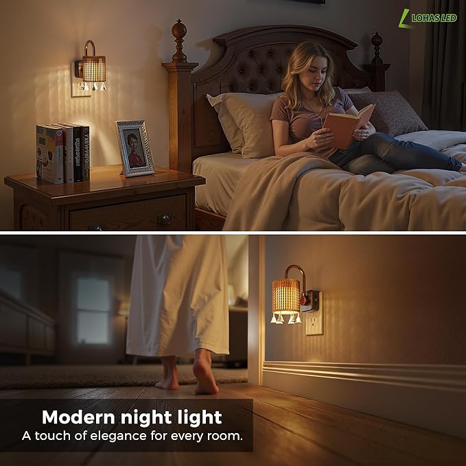L LOHAS LED Night Lights Plug into Wall, Boho Fabric Cylinder Decor Night Light with Tassel, Dusk to Dawn Sensor, 0-100LM Dimmable Night Lights, Vintage Nightlight for Bedroom, Living Room, Hallway