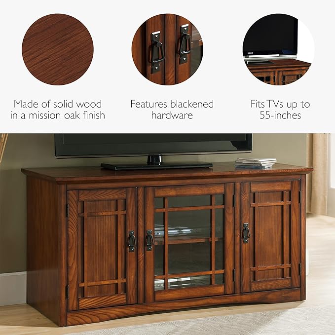Leick Home 82350 Solid Wood Mission Oak Three Door TV Stand For 55" TVs Universal TV Console Living Room Storage Shelves Entertainment Center, Mission Oak