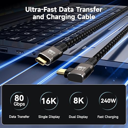 right angle USB C long Cable 10FT Compatible With Thunderbolt 5/4,Type C 240W Fast Charging,USBC 16K@60Hz/8K@120Hz HD Video Output for Display,90 degree USB 5/4 Cable 80Gbps Data Transfer for SSD/Dock