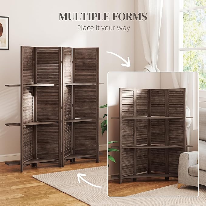 HOMCOM Room Divider, 4 Panel 67" Tall Wood Privacy Screen with 3 Display Shelves, and Folding Storage for Bedroom or Home Office, Walnut