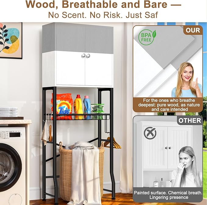 Over the Toilet Storage Cabinet - Freestanding Bathroom Organizer Shelf with Doors, gray & White Over the Toilet Shelves that Separates Wet and Dry Areas, Privacy Protection Above Toilet Storage Rack