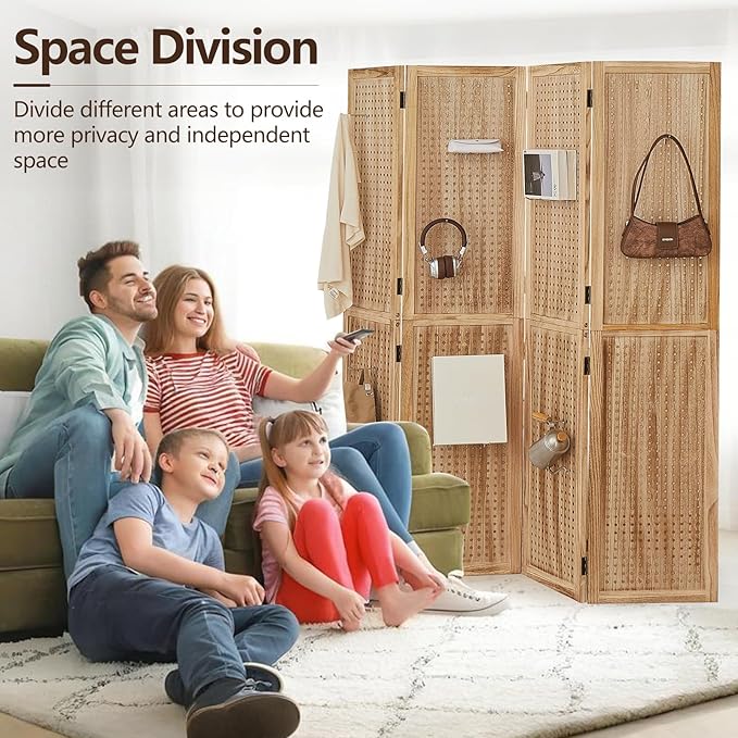 Leesinwing 4 Panel Wooden Room Dividers, 5.6FT High Plug-in Folding Screen Made of Natural Wood, Pegboard Display for Bedroom and Shopping Malls and Jewelry Stores, Light Brown