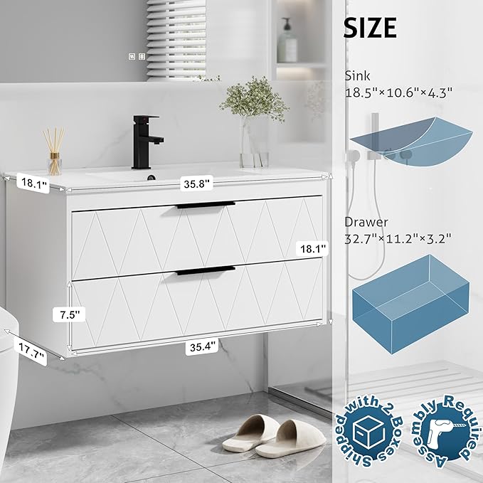 eclife 36" Bathroom Vanities Cabinet with Sink Combo, Wall Mounted Floating Cabinet W/Decor Line, Soft-Close System, 2 Extra Big Drawers, Matte Black Faucet, White