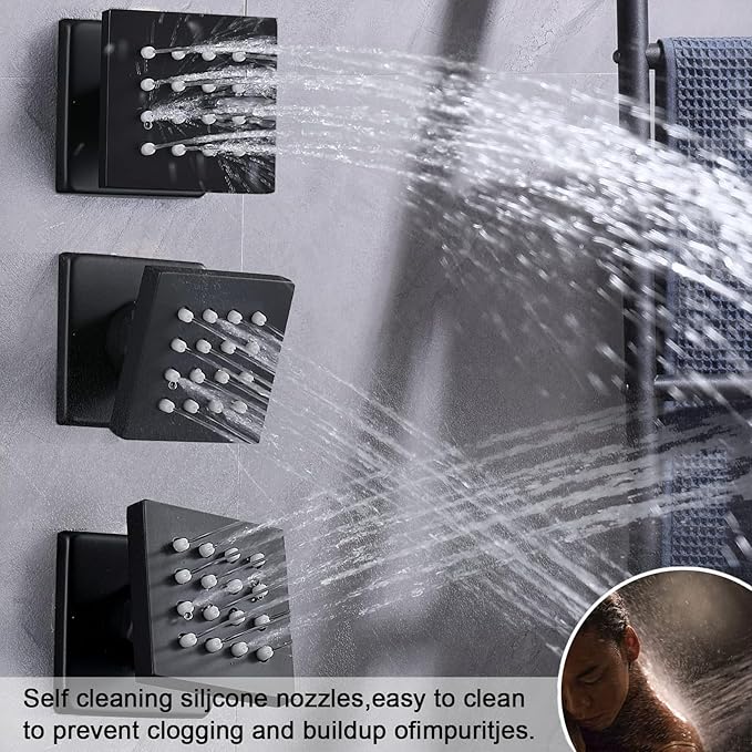 KATAIS Matte Black Shower System Digital Tempreature Display Thermostatic Shower Faucet Set with 12 inch Ceiling Mount and 8 inch Wall Mount Shower Head, with 6 PCS Body Jet and Handheld Spray