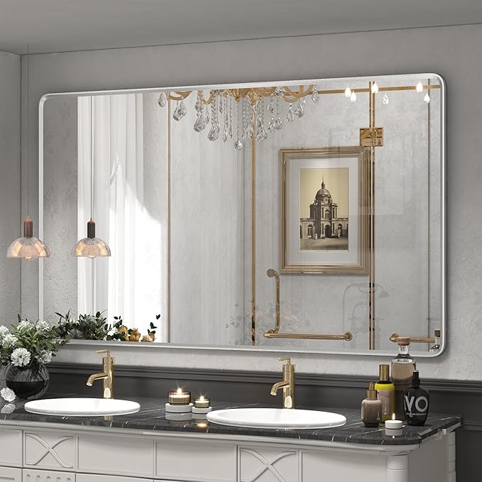 66x40 Inch Silver Framed Mirror, Silver Bathroom Vanity Mirror for Wall, Brushed Nickel, Rounded Rectangle Mirror, Shatterproof, Anti-Rust (Horizontal/Vertical)