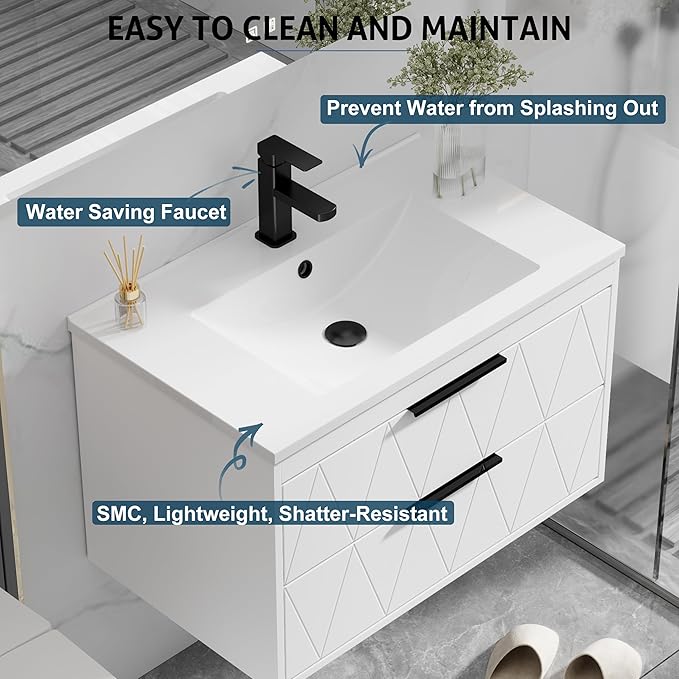 eclife 30" Bathroom Vanities Cabinet with Sink Combo, Wall Mounted Floating Cabinet W/Decor Line, Soft-Close System, 2 Extra Big Drawers, Matte Black Faucet, White