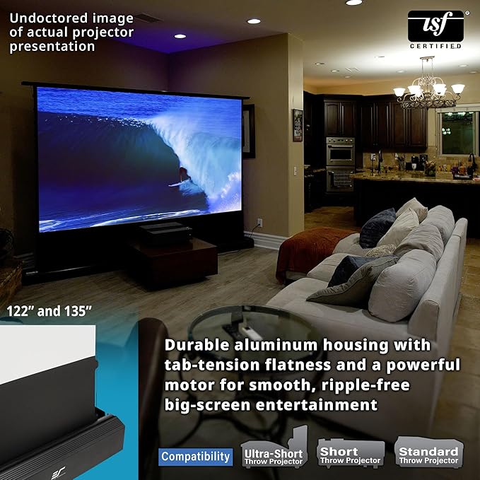 Elite Screens Kestrel Tab-Tension 3 CineWhite, 135 inch 16:9 Aspect Ratio, ISF Certified, Electric Floor-Rising Motorized Tab-Tensioned Front Projector Screen, Programmed Remote Kit, FTE135H3