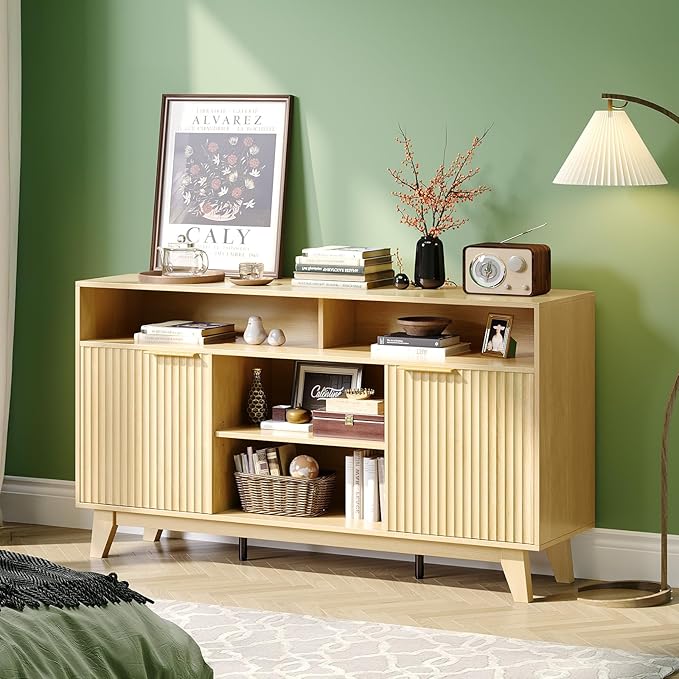 VINGLI Boho Fluted TV Stand for 70" TV, Solid Wood Entertainment Center with Storage and Shelves, Tall Media Console with Cable Management, TV Cabinet for Living Room and Bedroom, Oak