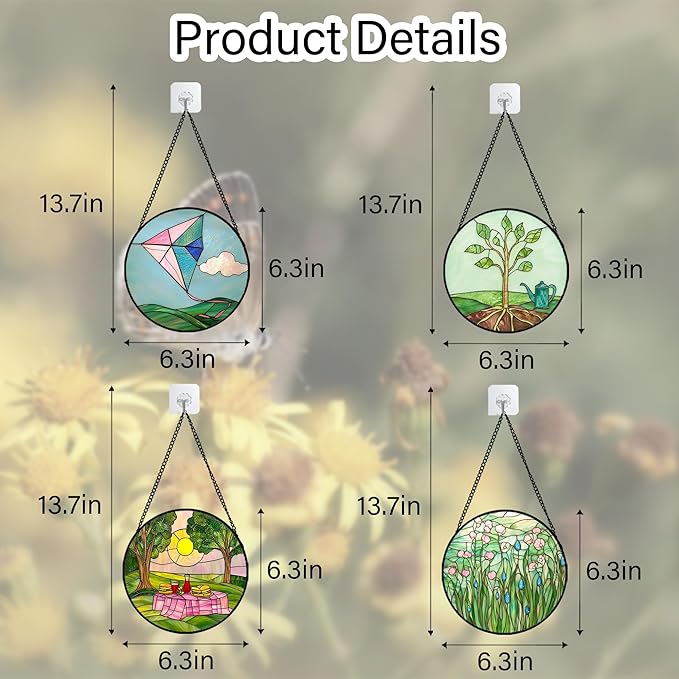 AMDERVEN Stained Glass Window Hanging 4 Pcs Set Pink Green Spring Saplings Flowers 6.3" - Suncatcher Door Garden Sun Catcher Home Decor Mother's Day for Woman Nana Mom Men