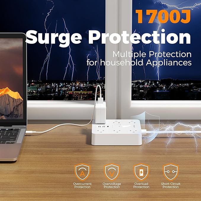1700J Surge Protector Power Strip, TESSAN 10Ft Extension Cord with Multiple Outlets, Outlet Extender with 6 AC, 3 USB Ports(1 USB C), Charging Station for Home Office Dorm Room Essentials, White