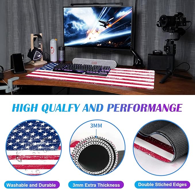 American Flag XXL Extended Mouse Pad, Laptop Pad, Waterproof, Non Slip, Gaming Office and Home Stitching Edge Table Pad 35.4 x 15.7 x 0.12 Inches