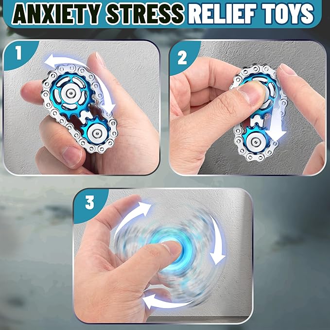 Valentines Day Gifts for Teens Boys Metal Fidget Spinner Toys for Adults Figette Bike Chain Roller Cool Gadgets ADHD Anxiety Stress Relief Items Figet Desk Offices EDC Men - Blue
