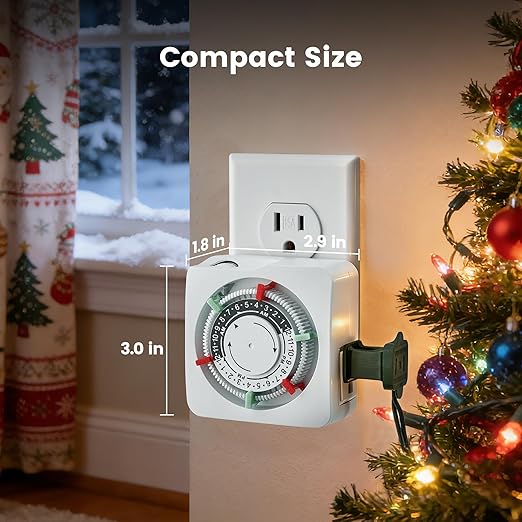 SURAIELEC Mechanical Timer with 2 Grounded Outlets, Indoor Electrical Plug in Timer with Trippers, 24-Hour Programmable and 3 Prong Outlets for Christmas Decorations, Plant Lights, Fan, 15A, White
