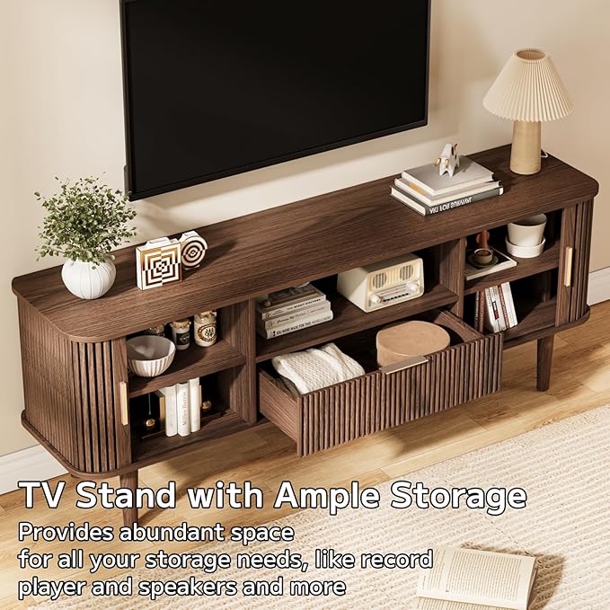 DAMCROP Fluted TV Stand, 55 Inch Mid Century Modern Media Console Table with Sliding Tambour Door Farmhouse Sideboard Buffet Cabinet Fits TVs up to 75 inch, Wood Entertainment Center for Living Room