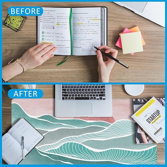 EOBKLAX Ocean Wave and Mountain Large Gaming Mouse Pad,Waterproof Desk Mat for Desktop,Non-Slip Rubber Base Mousepad with Stitched Edges for Laptop Office and Home 35.4X15.7 Inch