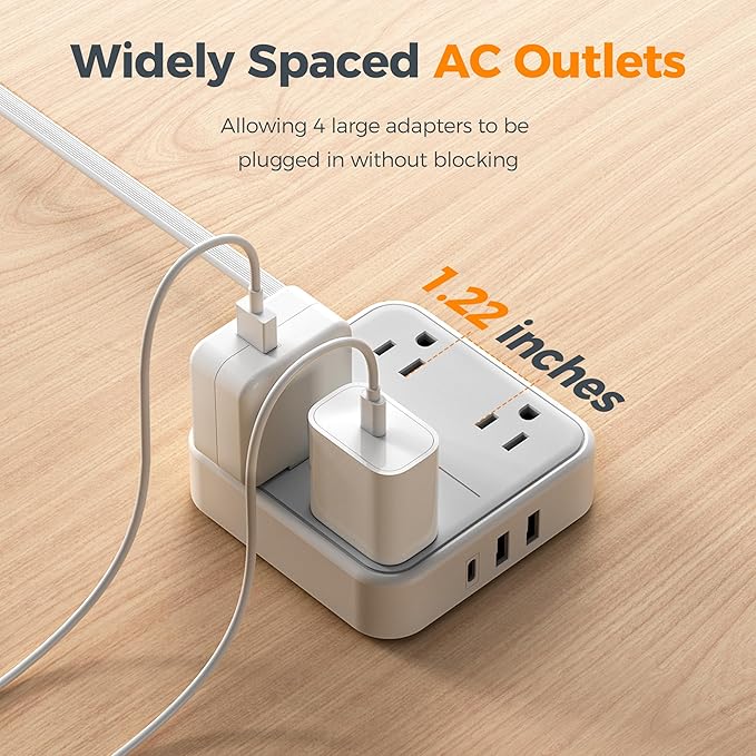 TESSAN Surge Protector Power Strip, 5 Ft Flat Plug Extension Cord with 4 Outlets 3 USB C Ports (1 USB C),900 Joules, 1875W 15A, Multiple Wall Outlet Extender Suitable for Office, Dorm Room Essentials