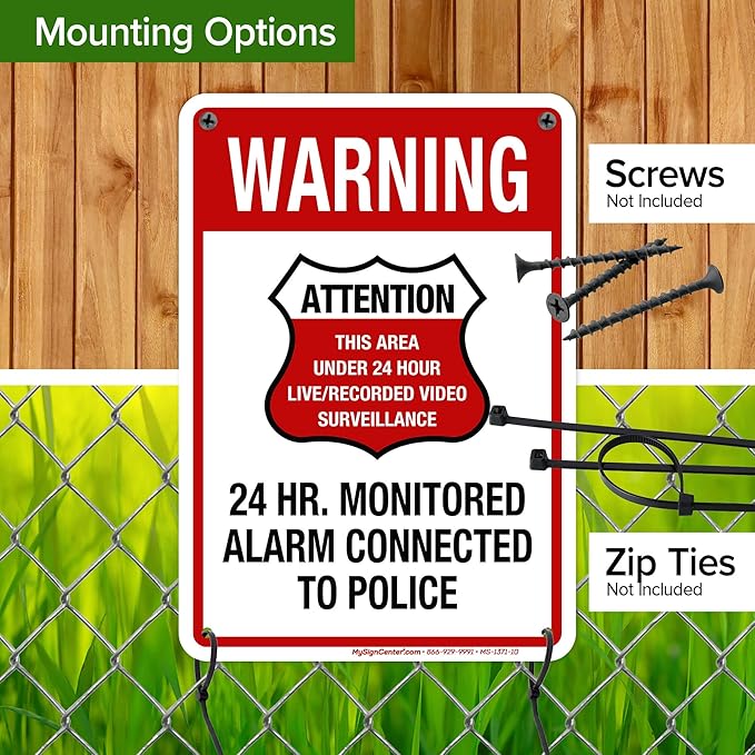 Warning 24 HR. Monitored Alarm Connected To Police Sign, 7x10 Inches, Rust Free .040 Aluminum, Fade Resistant, Made in USA by My Sign Center