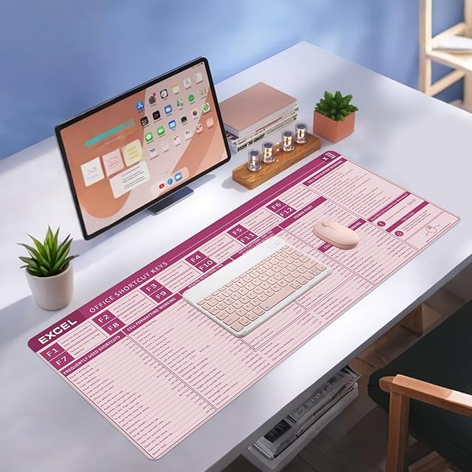 Baziabbo Office Desk Mat, Excel Cheat Sheet Keyboard Mat, Excel Shortcut Desk Pads,Non-Slip Excel Mousepad with Stitched Edges for Computer (Sheet Pink)