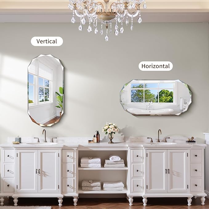 GLASHOM Beveled Edge Frameless Bathroom Mirror, Oval Wall Mirror for Over Sink, 18" x 36" Modern Decorative Vanity Mirror for Bedroom, Living Room, Entryway, Hanging Mirror Horizontal or Vertical